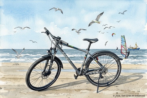 Ein Mountainbike KAYZA steht am Strand, Fahrradverleih Flor in SPO