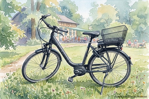 E-Bike Bosch Victoria steht vor dem Schweizerhaus in Tating, Fahrradverleih Flor in SPO