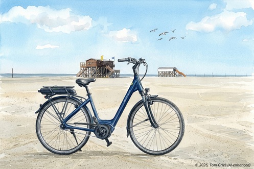 Ein E-Bike VELO DE VILLE steht am Strand von St. Peter-Ording, Fahrradverleih Flor in SPO