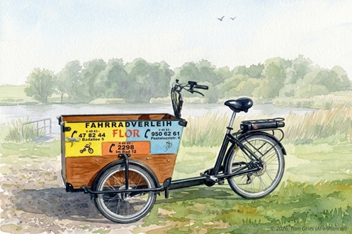 Ein E-Bike Babboe DOG ELEKTRO steht vor einer Wehle, Fahrradverleih Flor in SPO