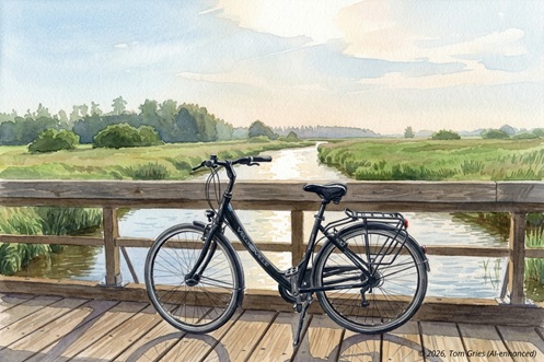 Ein Trekkingrad VELO DE VILLE steht auf einer Brücke in Kating, Fahrradverleih Flor in SPO
