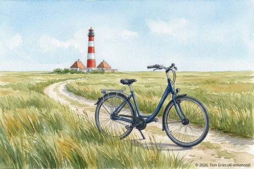 Ein Cityrad VELO DE VILLE steht auf einem Weg vor dem Westerhever Leuchtturm, Fahrradverleih Flor in SPO
