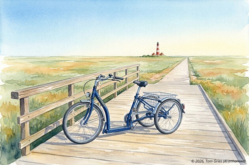 Ein Dreirad-PFAU-TEC-CLASSIC steht auf einem Weg vor dem Westerhever Leuchtturm, Fahrradverleih Flor in SPO