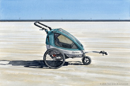 Ein Jogger steht am Strand von St. Peter-Ording, Fahrradverleih Flor in SPO